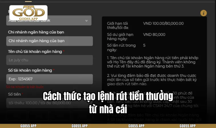 Cách thức tạo lệnh rút tiền thưởng từ nhà cái